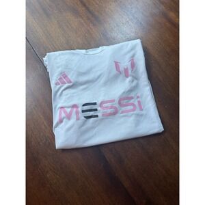 Messi Adidas Wordmark T-Shirt Men Size Medium Unisex White Pink Logo Inter Miami